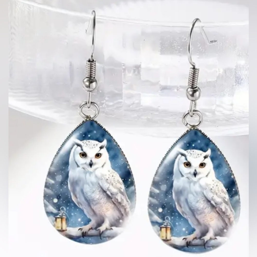 Farmhouse earrings Owl Cry teardrop Blue White animalβ print rustic